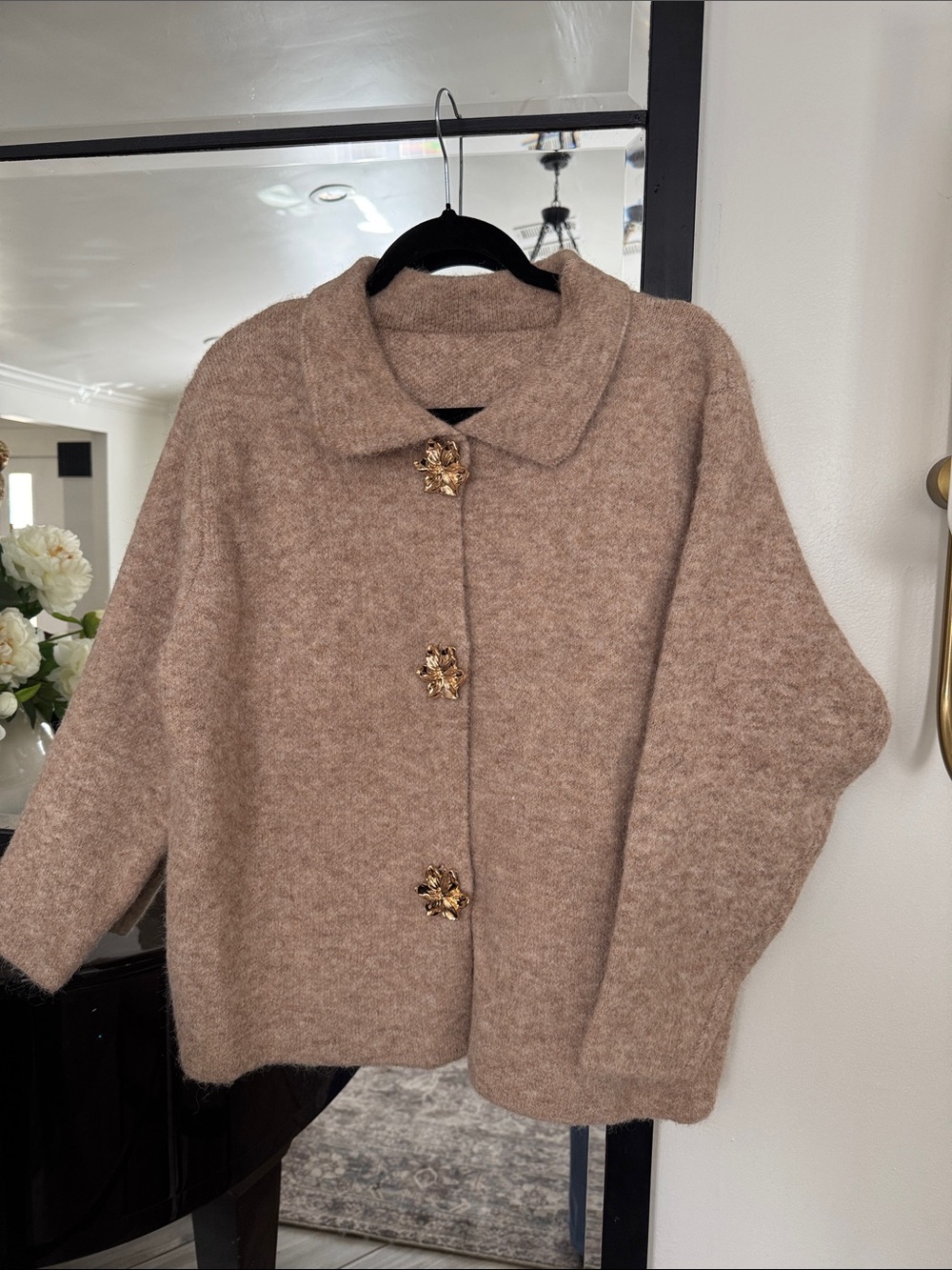 Womens Taupe knitted Button Front Jacket with Gold Accent